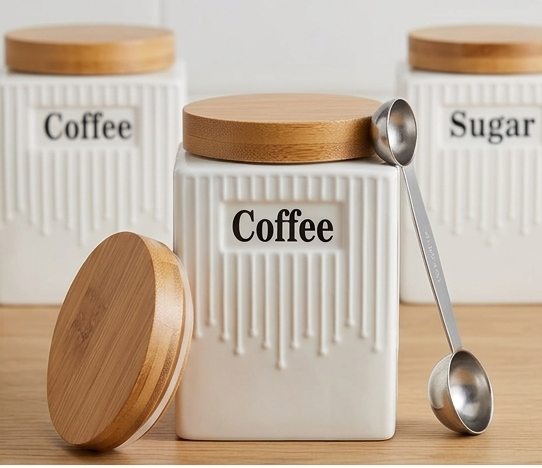 Premium 4-Piece Porcelain Kitchen Canister Set with Bamboo Lids and Tray – Coffee, Tea, Sugar Storage Containers