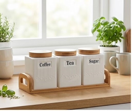 Premium 4-Piece Porcelain Kitchen Canister Set with Bamboo Lids and Tray – Coffee, Tea, Sugar Storage Containers