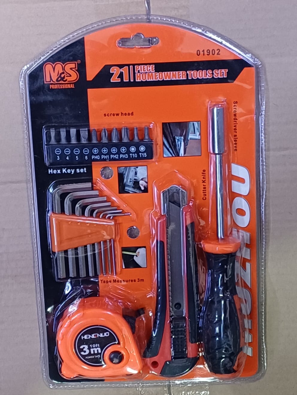 M&S Professional 21-Piece Homeowner Tool Set - Essential DIY Hand Tool Kit with Screwdriver, Hex Keys, Utility Knife, and 3m Tape Measure