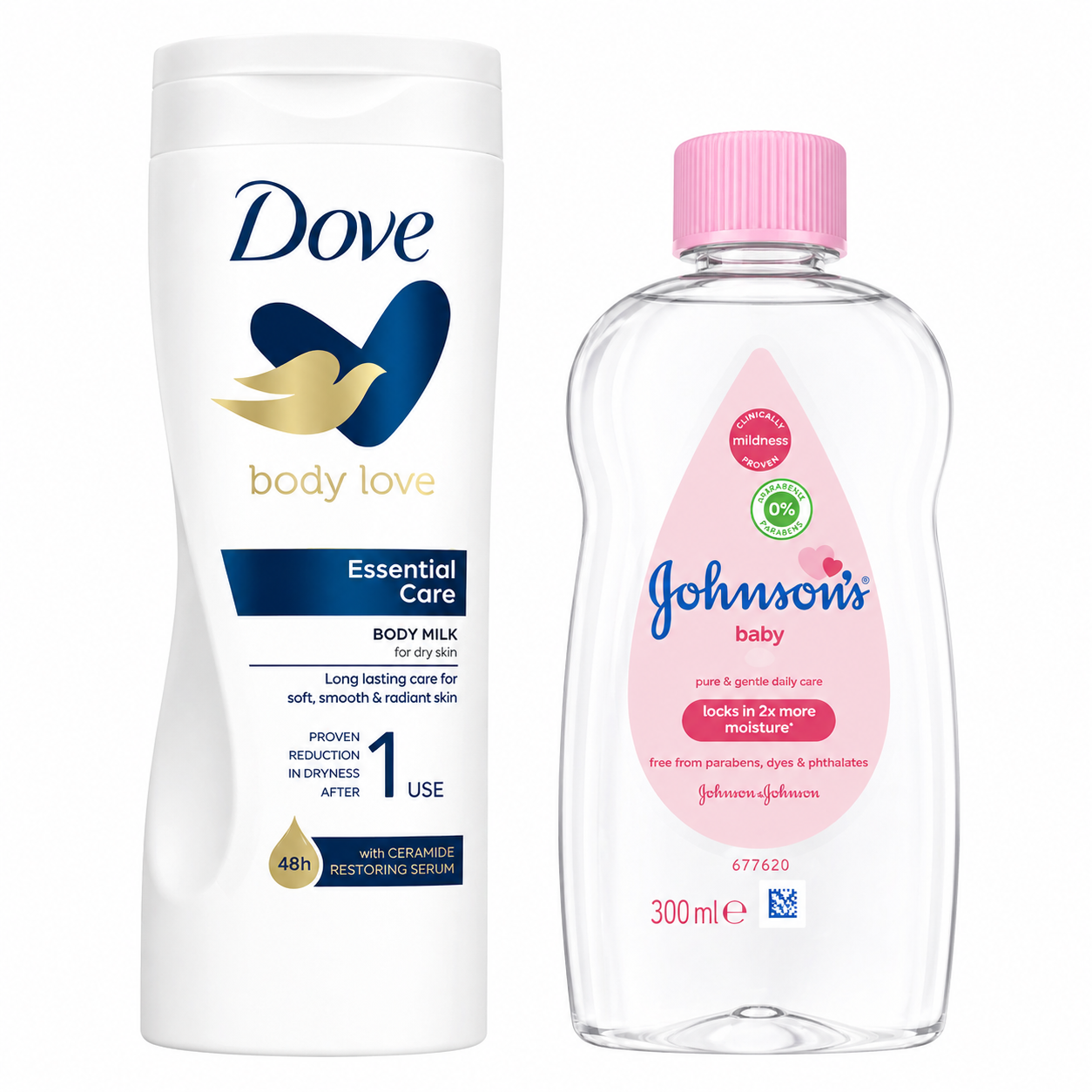 Dove Body Love Essential Care Body Milk Moisturizing Lotion + Johnson's Baby Oil Hydrating Skin Care Combo Deep Nourishing Moisture Soft Smooth Skin Care For Dry Skin Women Men