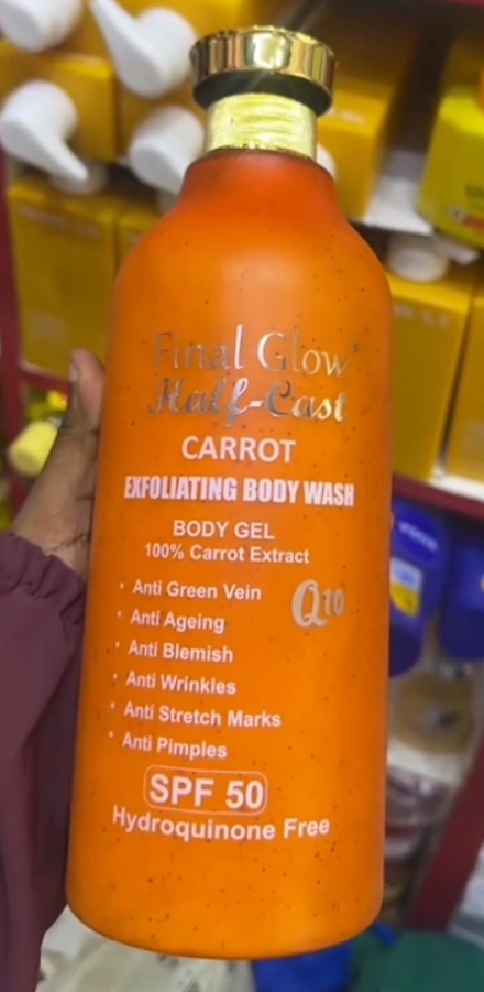 Final Glow Half Cast Carrot Exfoliating Body Wash Gel SPF50 – Brightening Shower Gel With Carrot Extract, Deep Cleansing Skin Lightening Bath Gel, Removes Dark Spots, Acne Marks, Stretch Marks, Smooth
