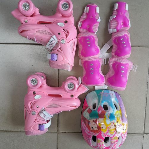 Boys Girls Kids Skates Children Roller Skates Skating Shoes Sliding Adjustable skates shoes 4 Wheels 2 Row Line Outdoor Full Set-Helmet,knee,elbow and wrist pads. (CARTOON DECORATIONS ON HELMET MAY VA