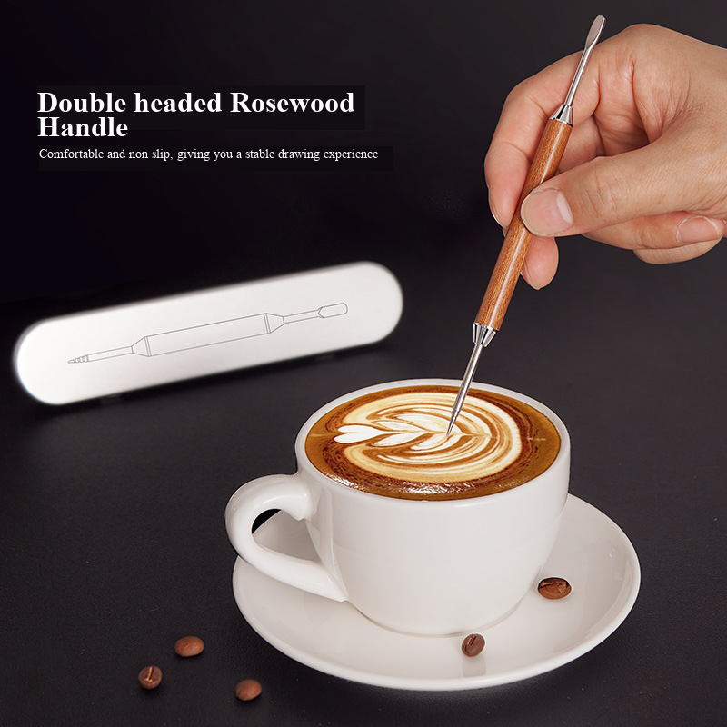 Dual-Ended Coffee Latte Art Pen with Rosewood Handle & Stainless Steel Needle, Barista Tool with Metal Storage Box for DIY Coffee Decoration