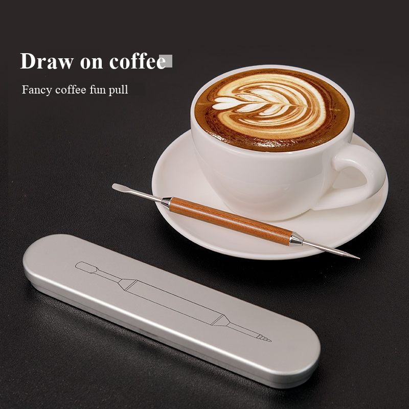 Dual-Ended Coffee Latte Art Pen with Rosewood Handle & Stainless Steel Needle, Barista Tool with Metal Storage Box for DIY Coffee Decoration