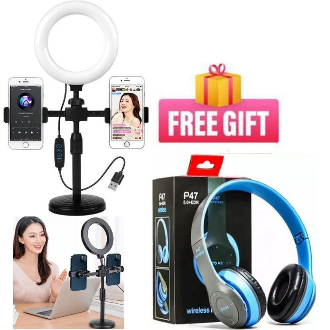 BEST Portable LED 6-Inch LED Ring Light with Tripod Stand & Phone Holder 360° Rotation for Content Creators +BONUS Bluetooth Headphones
