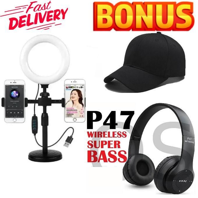BEST Portable LED Ring Light with Stand – Ideal for Selfie, Video Calls & Tutorials // Perfect for Video, Makeup & Live Streaming + FREE GIFTS BLUETOOTH WIRELESS HEADPHONES & CAP