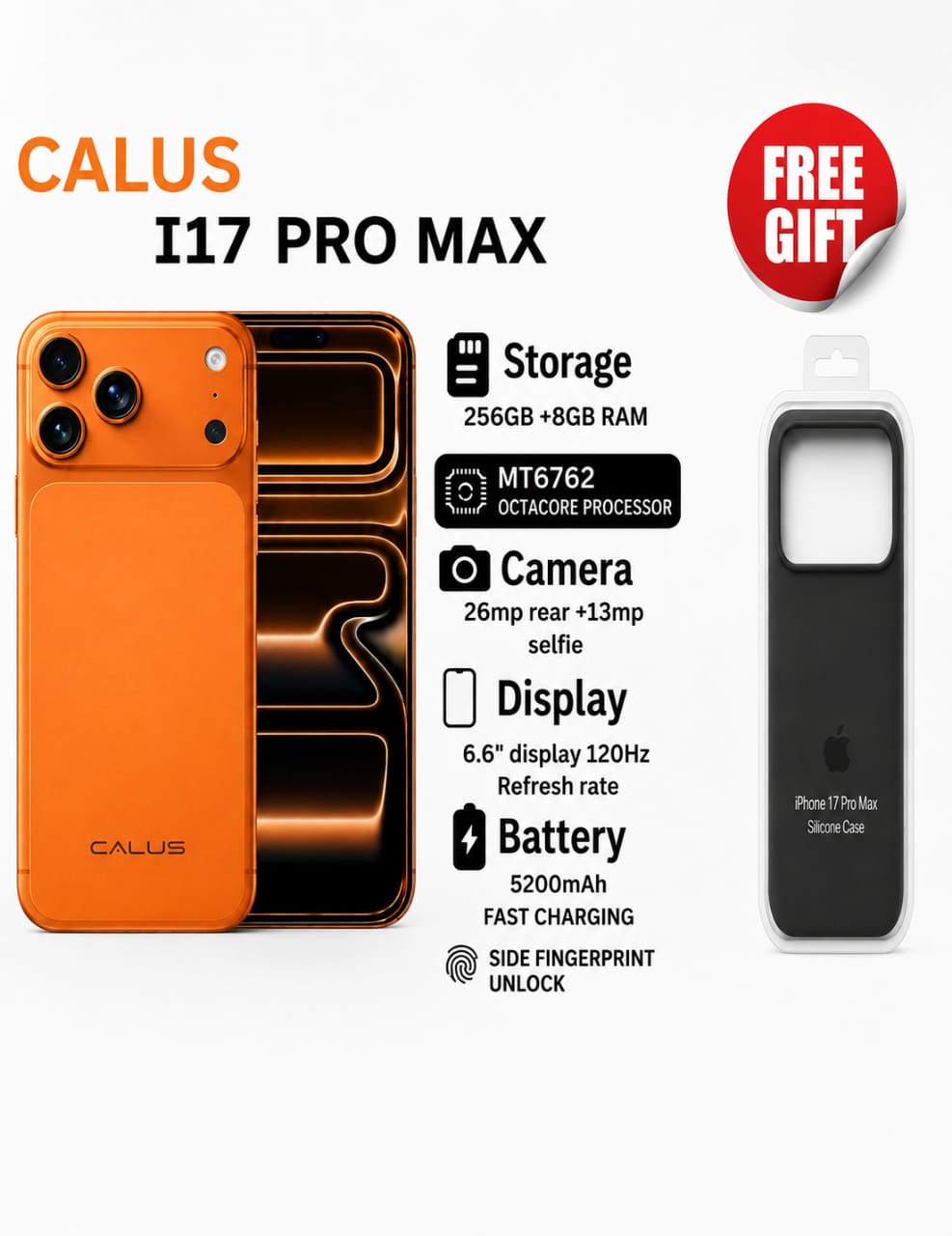 OFFER!! CALUS I17 PRO MAX, 8GB RAM + 256GB ROM, 6.9 inch FULL SCREEN DISPLAY, 5000MAH, 13MP+26MP CAMERA, SIDE FINGERPRINT, ANDROID 14 SMARTPHONE, DUAL SIM PLUS IPHONE 17 PRO MAX FREE COVER, PROTECTOR.