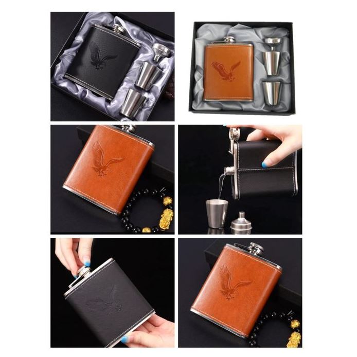 Stainless Steel Hip Flask Set with Leather Cover | Portable Pocket Liquor Whiskey Bottle with Funnel & Shot Cups | Leakproof Travel Flask Gift for Men & Women
