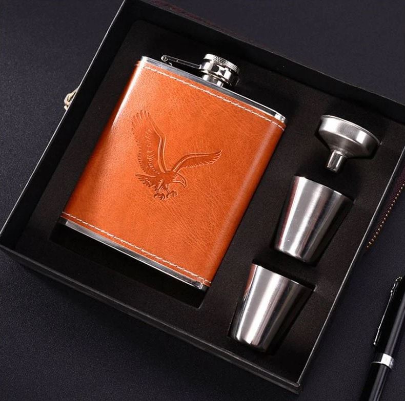 Stainless Steel Hip Flask Set with Leather Cover | Portable Pocket Liquor Whiskey Bottle with Funnel & Shot Cups | Leakproof Travel Flask Gift for Men & Women