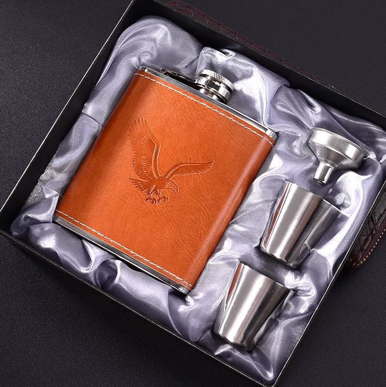 Stainless Steel Hip Flask Set with Leather Cover | Portable Pocket Liquor Whiskey Bottle with Funnel & Shot Cups | Leakproof Travel Flask Gift for Men & Women
