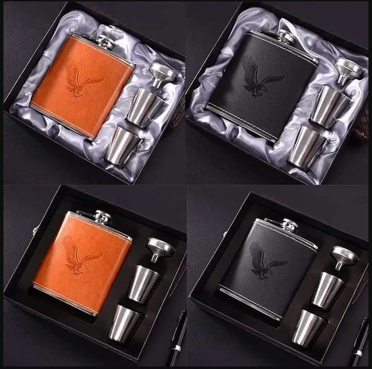 Stainless Steel Hip Flask Set with Leather Cover | Portable Pocket Liquor Whiskey Bottle with Funnel & Shot Cups | Leakproof Travel Flask Gift for Men & Women
