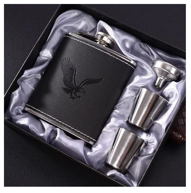 Stainless Steel Hip Flask Set with Leather Cover | Portable Pocket Liquor Whiskey Bottle with Funnel & Shot Cups | Leakproof Travel Flask Gift for Men & Women