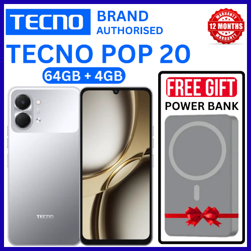 BRAND NEW TECNO POP 20 64GB ROM +4GB RAM 6.75 inch FHD 5000mAh Battery 13MP Main Camera Dual SIM 4G 15W FAST NETWORK UNISOC T7250 PROCESSOR Android 15