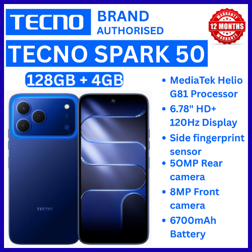 NEW ARRIVALS!!!! BRAND NEW TECNO SPARK 50 4G SMARTPHONE 128GB ROM+ 4GB RAM 6.78"  INCH SCREEN 120Hz REFRESH RATE 6700mAh Battery 18W FAST CHARGING, 50MP  CAMERA, 8MP BACK CAMERA  ANDROID 16