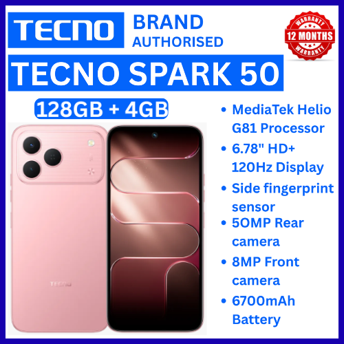 NEW ARRIVALS!!!! BRAND NEW TECNO SPARK 50 4G SMARTPHONE 128GB ROM+ 4GB RAM 6.78"  INCH SCREEN 120Hz REFRESH RATE 6700mAh Battery 18W FAST CHARGING, 50MP  CAMERA, 8MP BACK CAMERA  ANDROID 16