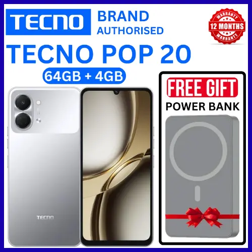 BRAND NEW TECNO POP 20 64GB ROM +4GB RAM 6.75 inch FHD 5000mAh Battery 13MP Main Camera Dual SIM 4G 15W FAST NETWORK UNISOC T7250 PROCESSOR Android 15