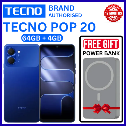 BRAND NEW TECNO POP 20 64GB ROM +4GB RAM 6.75 inch FHD 5000mAh Battery 13MP Main Camera Dual SIM 4G 15W FAST NETWORK UNISOC T7250 PROCESSOR Android 15