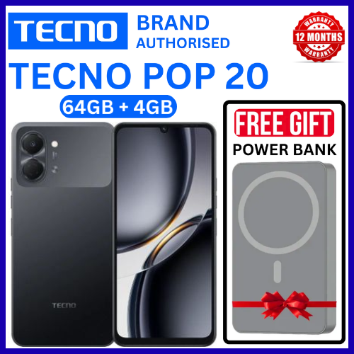 BRAND NEW TECNO POP 20 64GB ROM +4GB RAM 6.75 inch FHD 5000mAh Battery 13MP Main Camera Dual SIM 4G 15W FAST NETWORK UNISOC T7250 PROCESSOR Android 15