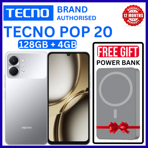 BRAND NEW TECNO POP 20 128GB ROM +4GB RAM 6.75 inch FHD 5000mAh Battery 13MP Main Camera Dual SIM 4G 15W FAST NETWORK UNISOC T7250 PROCESSOR Android 15