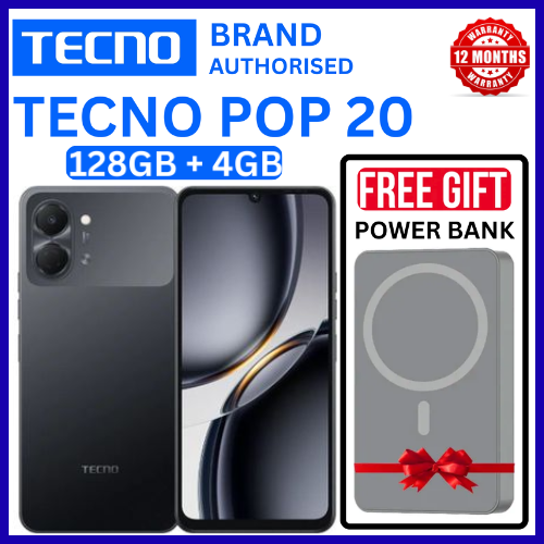 BRAND NEW TECNO POP 20 128GB ROM +4GB RAM 6.75 inch FHD 5000mAh Battery 13MP Main Camera Dual SIM 4G 15W FAST NETWORK UNISOC T7250 PROCESSOR Android 15