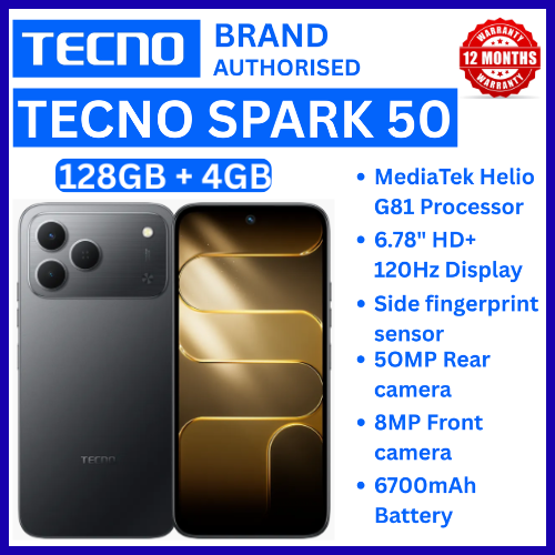 NEW ARRIVALS!!!! BRAND NEW TECNO SPARK 50 4G SMARTPHONE 128GB ROM+ 4GB RAM 6.78"  INCH SCREEN 120Hz REFRESH RATE 6700mAh Battery 18W FAST CHARGING, 50MP  CAMERA, 8MP BACK CAMERA  ANDROID 16