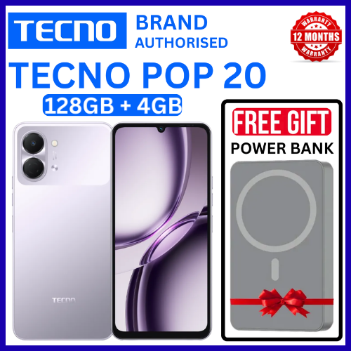 BRAND NEW TECNO POP 20 128GB ROM +4GB RAM 6.75 inch FHD 5000mAh Battery 13MP Main Camera Dual SIM 4G 15W FAST NETWORK UNISOC T7250 PROCESSOR Android 15