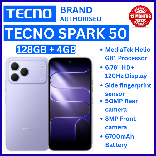 NEW ARRIVALS!!!! BRAND NEW TECNO SPARK 50 4G SMARTPHONE 128GB ROM+ 4GB RAM 6.78"  INCH SCREEN 120Hz REFRESH RATE 6700mAh Battery 18W FAST CHARGING, 50MP  CAMERA, 8MP BACK CAMERA  ANDROID 16