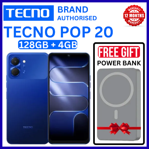 BRAND NEW TECNO POP 20 128GB ROM +4GB RAM 6.75 inch FHD 5000mAh Battery 13MP Main Camera Dual SIM 4G 15W FAST NETWORK UNISOC T7250 PROCESSOR Android 15