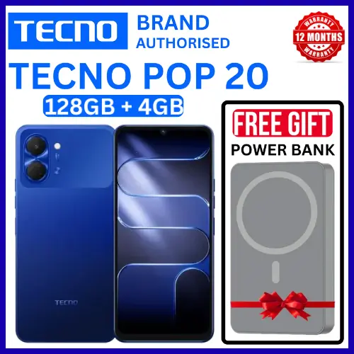 BRAND NEW TECNO POP 20 128GB ROM +4GB RAM 6.75 inch FHD 5000mAh Battery 13MP Main Camera Dual SIM 4G 15W FAST NETWORK UNISOC T7250 PROCESSOR Android 15