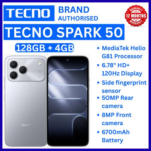 NEW ARRIVALS!!!! BRAND NEW TECNO SPARK 50 4G SMARTPHONE 128GB ROM+ 4GB RAM 6.78"  INCH SCREEN 120Hz REFRESH RATE 6700mAh Battery 18W FAST CHARGING, 50MP  CAMERA, 8MP BACK CAMERA  ANDROID 16