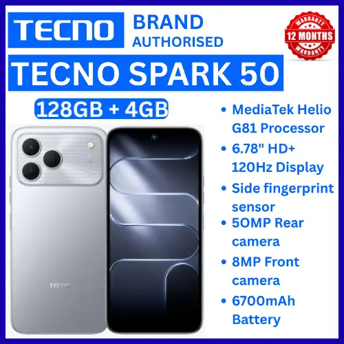 NEW ARRIVALS!!!! BRAND NEW TECNO SPARK 50 4G SMARTPHONE 128GB ROM+ 4GB RAM 6.78"  INCH SCREEN 120Hz REFRESH RATE 6700mAh Battery 18W FAST CHARGING, 50MP  CAMERA, 8MP BACK CAMERA  ANDROID 16