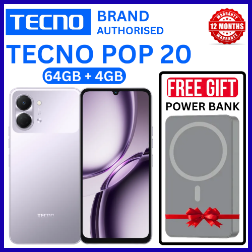 BRAND NEW TECNO POP 20 64GB ROM +4GB RAM 6.75 inch FHD 5000mAh Battery 13MP Main Camera Dual SIM 4G 15W FAST NETWORK UNISOC T7250 PROCESSOR Android 15