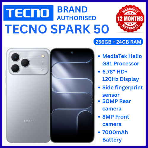 NEW ARRIVALS!!!! BRAND NEW TECNO SPARK 50 4G SMARTPHONE 256GB ROM+ 24GB RAM 6.78"  INCH SCREEN 120Hz REFRESH RATE 6700mAh Battery 18W FAST CHARGING, 50MP  CAMERA, 8MP BACK CAMERA  ANDROID 16