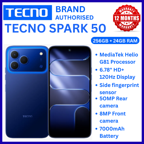 NEW ARRIVALS!!!! BRAND NEW TECNO SPARK 50 4G SMARTPHONE 256GB ROM+ 24GB RAM 6.78"  INCH SCREEN 120Hz REFRESH RATE 6700mAh Battery 18W FAST CHARGING, 50MP  CAMERA, 8MP BACK CAMERA  ANDROID 16