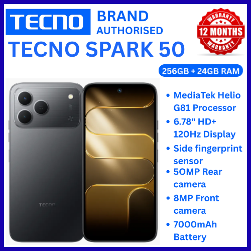 NEW ARRIVALS!!!! BRAND NEW TECNO SPARK 50 4G SMARTPHONE 256GB ROM+ 24GB RAM 6.78"  INCH SCREEN 120Hz REFRESH RATE 6700mAh Battery 18W FAST CHARGING, 50MP  CAMERA, 8MP BACK CAMERA  ANDROID 16