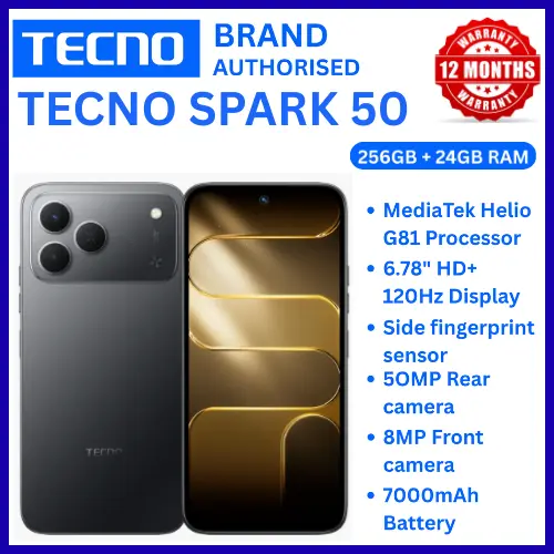 NEW ARRIVALS!!!! BRAND NEW TECNO SPARK 50 4G SMARTPHONE 256GB ROM+ 24GB RAM 6.78"  INCH SCREEN 120Hz REFRESH RATE 6700mAh Battery 18W FAST CHARGING, 50MP  CAMERA, 8MP BACK CAMERA  ANDROID 16