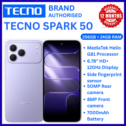 NEW ARRIVALS!!!! BRAND NEW TECNO SPARK 50 4G SMARTPHONE 256GB ROM+ 24GB RAM 6.78"  INCH SCREEN 120Hz REFRESH RATE 6700mAh Battery 18W FAST CHARGING, 50MP  CAMERA, 8MP BACK CAMERA  ANDROID 16