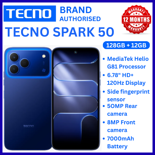 NEW ARRIVALS!!!! BRAND NEW TECNO SPARK 50 4G SMARTPHONE 128GB ROM+ 4GB RAM 6.78"  INCH SCREEN 120Hz REFRESH RATE 6700mAh Battery 18W FAST CHARGING, 50MP  CAMERA, 8MP BACK CAMERA  ANDROID 16