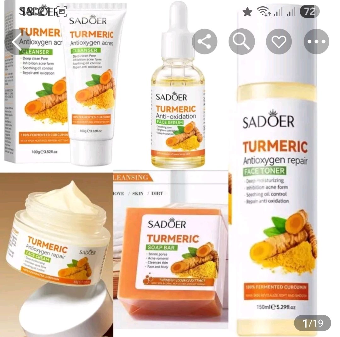 5 in 1 Sadoer Turmeric Set, Tumeric Cleanser + Face Serum +Face Toner + Face Cream + Tumeric Soap, with unparelled Vitamin C capabilities, Helps in Preven Acne, Sooth, Hydrate, Lighjten Acne Marks