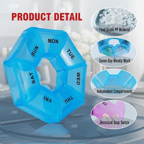 Portable Pill Organiser, Versatile Set, Round Pill Box, Medicine Box, 7 Days, Durable Mini Dispenser Weekly, Small Tablets, Weekly Box for Medication, Vitamins