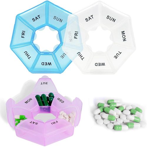 Portable Pill Organiser, Versatile Set, Round Pill Box, Medicine Box, 7 Days, Durable Mini Dispenser Weekly, Small Tablets, Weekly Box for Medication, Vitamins