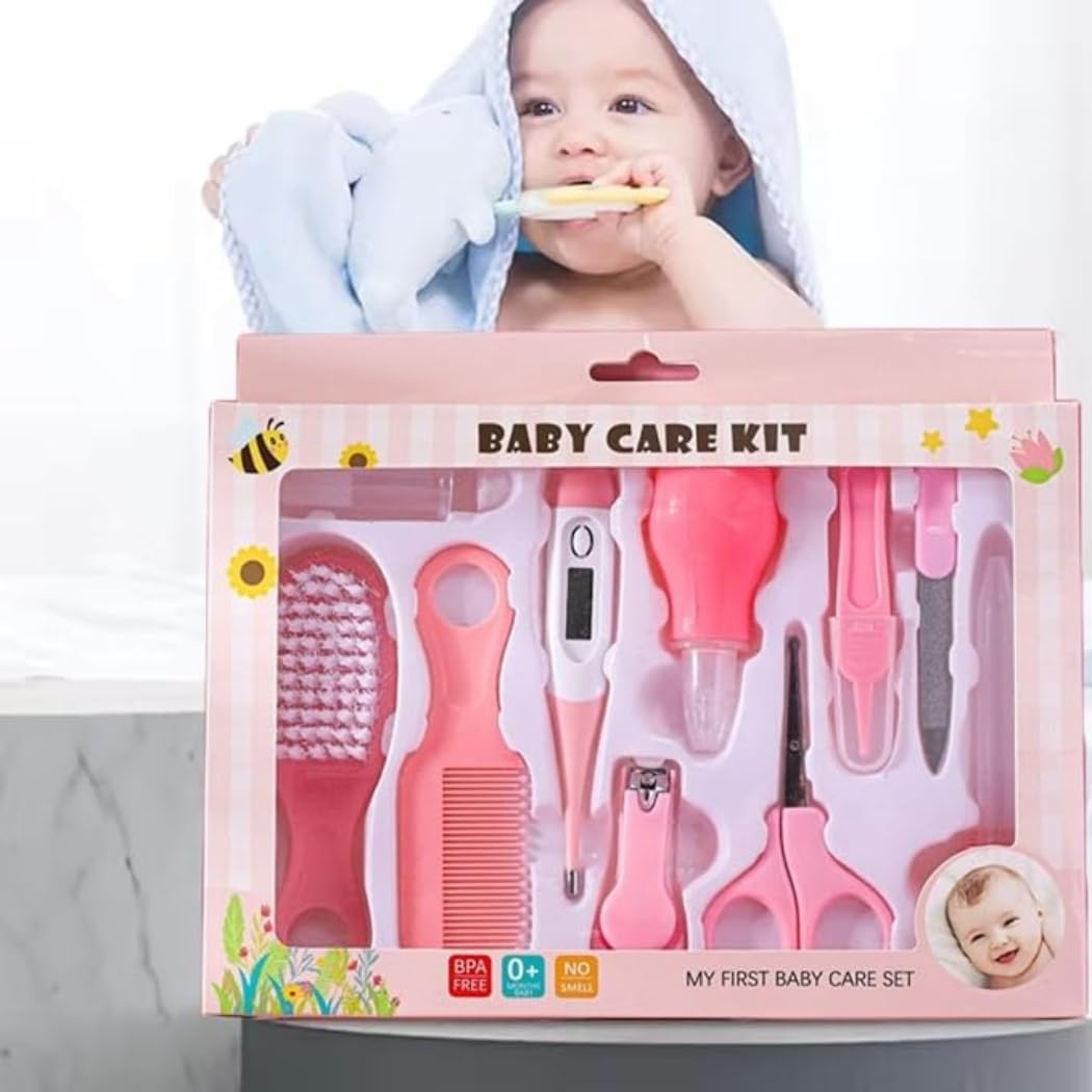 10 In 1 Portable Grooming Kit for New Born Baby - Baby toothbrush, Comb, Thermometer, Nail Clipper, Nasal Aspirator, Nail scissors, Tweezer, Nail File And Medicine dropper For Newborn,Infants,Toddlers