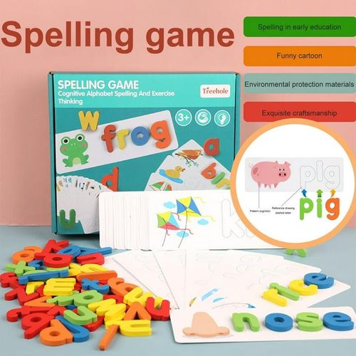 Wooden Spelling Game for Kids, Early Education Word Making Game with Flash Cards and Alphabets, Non-Toxic, Educational Toy for Kids Boys and Girls, Multicolor, 3+ Years