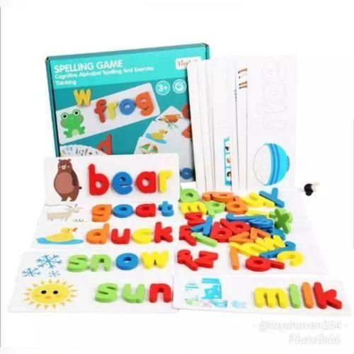 Wooden Spelling Game for Kids, Early Education Word Making Game with Flash Cards and Alphabets, Non-Toxic, Educational Toy for Kids Boys and Girls, Multicolor, 3+ Years