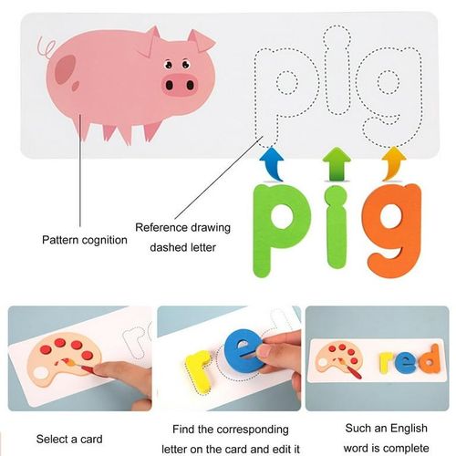 Wooden Spelling Game for Kids, Early Education Word Making Game with Flash Cards and Alphabets, Non-Toxic, Educational Toy for Kids Boys and Girls, Multicolor, 3+ Years