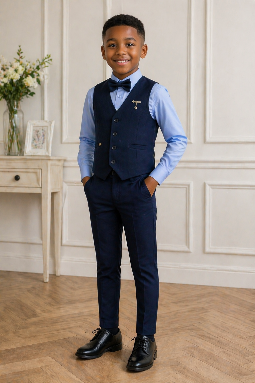 Navy Blue Boys Formal 3 Piece Suit Set (Shirt, Vest & Trousers) – Wedding & Occasion Outfit [8–9 Years]