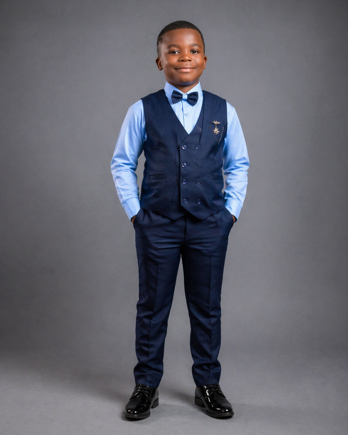 Navy Blue Boys Formal 3 Piece Suit Set (Shirt, Vest & Trousers) – Wedding & Occasion Outfit [8–9 Years]