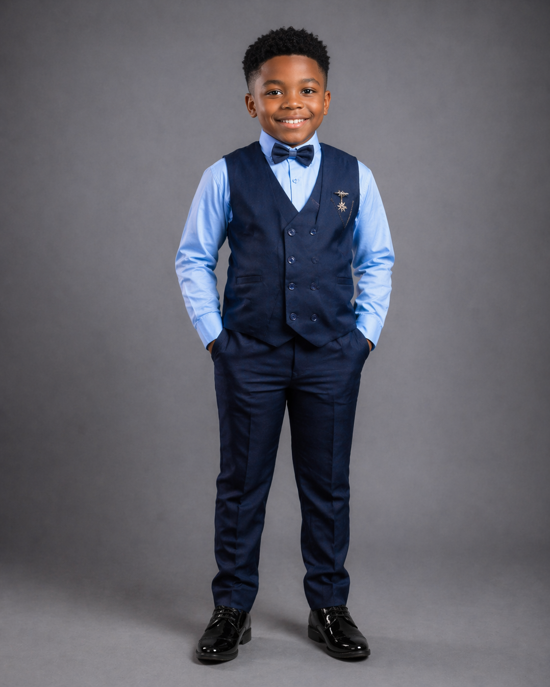 Navy Blue Boys Formal 3 Piece Suit Set (Shirt, Vest & Trousers) – Wedding & Occasion Outfit [8–9 Years]