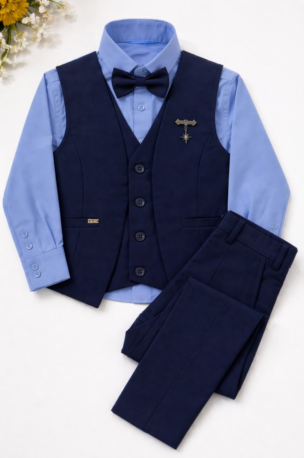 Navy Blue Boys Formal 3 Piece Suit Set (Shirt, Vest & Trousers) – Wedding & Occasion Outfit [8–9 Years]