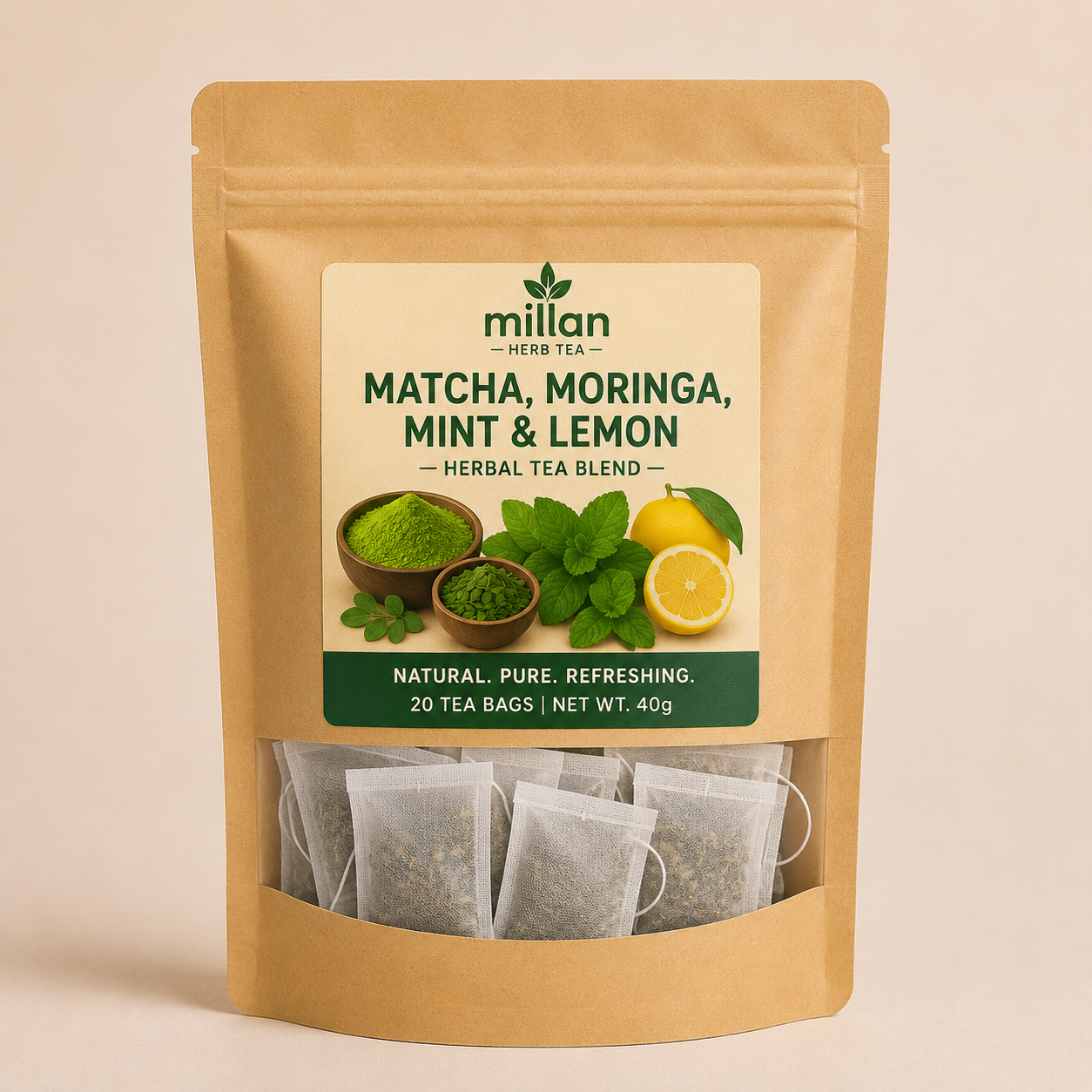 Matcha, Moringa, Mint & Lemon Herbal Tea Blend – 20 or 40 Tea Bags